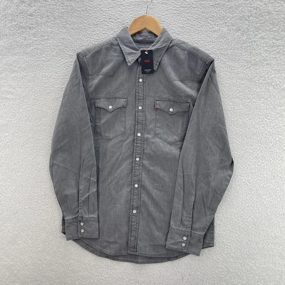 Levis Shirt Mens Small Gray Chambray Western Pearl Snap Yoke Cowboy Rodeo Work